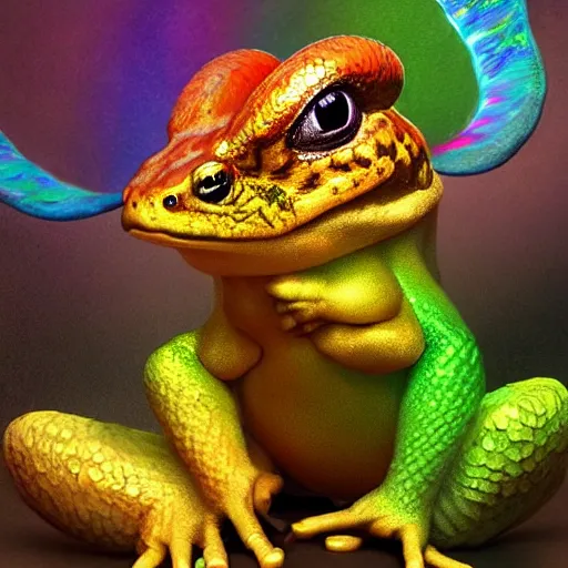 Image similar to three animals,trio, toad with wings and rainbow snake and golden lizard, trio, artstation, concept art, master illustration, details, good clear quality, fun - w 704