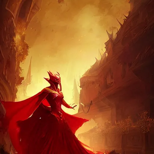 Prompt: a woman in red, she wears a golden mask os dragon, epic fantasy digital art, fantasy style art, by Greg Rutkowski, fantasy hearthstone card art style