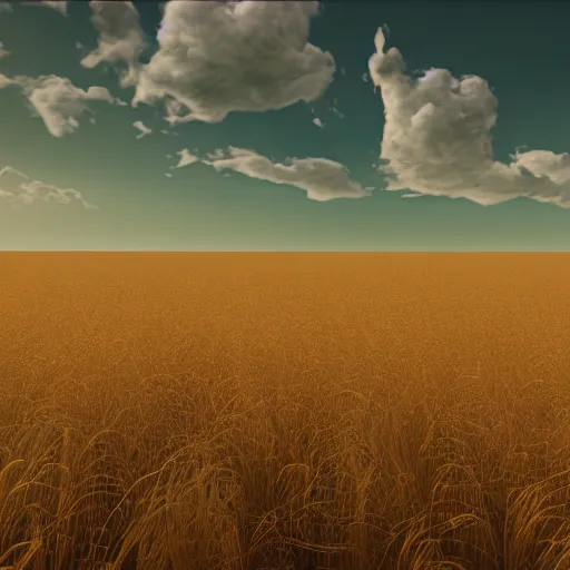 Prompt: [ ethereal landscape ] : : texture, cotton, waves, feathers, particles : : highly - detailed digital art, 8 k, award - winning, stunning : : cloudy, sunny, god rays, huge grassy fields filled with wheat and straw : : 8 k