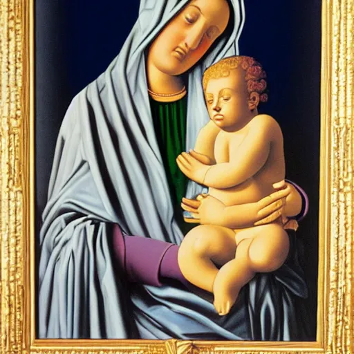 Prompt: a vivid painting of the Madonna and child by Rene Magritte, detailed image, surreal