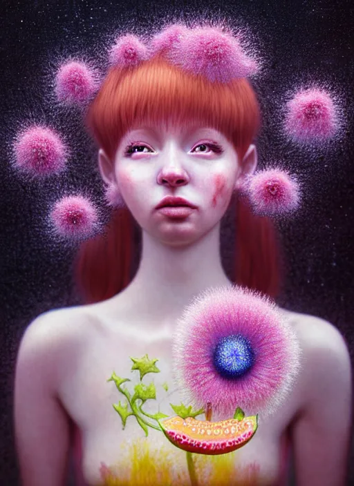 Image similar to hyper detailed 3d render like a Oil painting - kawaii fullbody standing portrait Aurora (auburn haired Singer Weaslwaif) seen Eating of the Strangling network of yellowcake aerochrome and milky Fruit and Her delicate Hands hold of gossamer polyp blossoms bring iridescent fungal flowers whose spores black the foolish stars by Jacek Yerka, Mariusz Lewandowski, Houdini algorithmic generative render, Abstract brush strokes, Masterpiece, Edward Hopper and James Gilleard, Zdzislaw Beksinski, Mark Ryden, Wolfgang Lettl, hints of Yayoi Kasuma, octane render, 8k