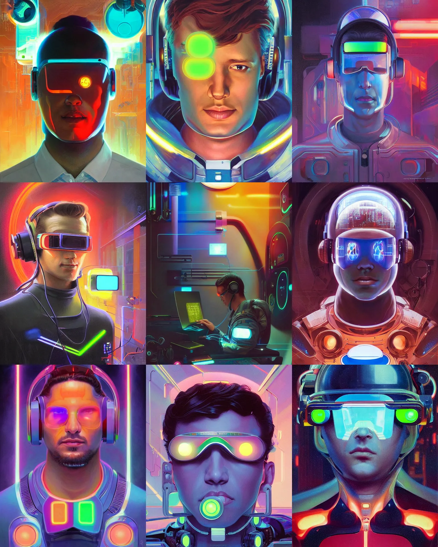 Image similar to future coder man looking on, sleek cyclops display over eyes and sleek bright headphoneset, neon accent lights, holographic colors, desaturated headshot portrait digital painting by donoto giancola, dean cornwall, rhads, john berkey, tom whalen, alex grey, alphonse mucha, astronaut cyberpunk electric