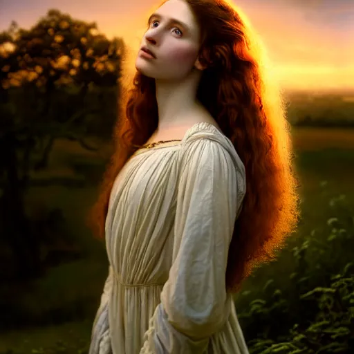 Prompt: photographic portrait of a stunningly beautiful renaissance pre raphaelite female maiden in soft dreamy light at sunset, contemporary fashion shoot, by edward robert hughes, annie leibovitz and steve mccurry, david lazar, jimmy nelsson, breathtaking, 8 k resolution, extremely detailed, beautiful, establishing shot, artistic, hyperrealistic, beautiful face, octane render