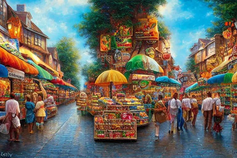 Image similar to a shopping street made completely from different kinds of candy, created by Mark Keathley