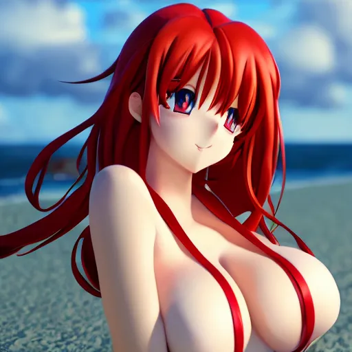Image similar to rias gremory, very beautiful anime girl, long red hair, stunning eyes, cute freckles, full round face, short smile, cute bikini, golden hour, serene beach setting, medium shot, mid-shot, highly detailed, trending on Artstation, Unreal Engine 4k