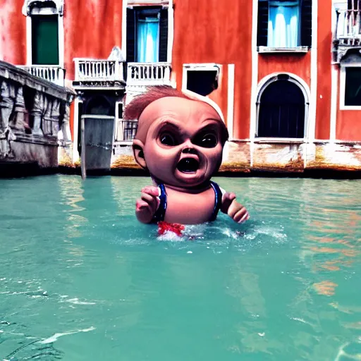 Image similar to a screaming chucky doll swimming after a gondola of tourists in venice