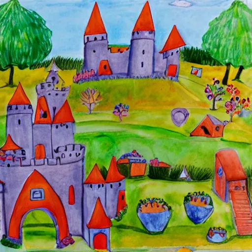 Image similar to children's art of a castle landscape, detailed