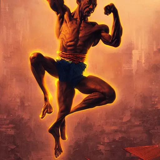 Prompt: giancarlo esposito as dhalsim street fighter, jump kick, 4 k, ultra realistic, detailed focused art by artgerm and greg rutkowski and alphonse mucha