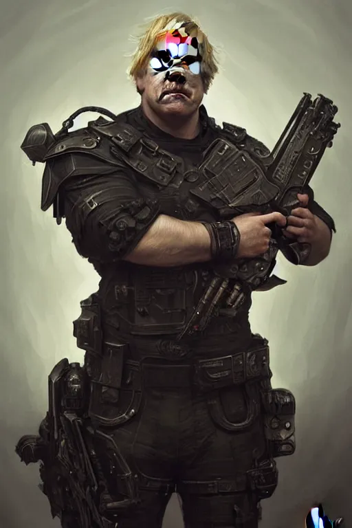 Prompt: boris johnson as punisher, armor plate, realistic portrait, symmetrical, highly detailed, digital painting, artstation, concept art, smooth, sharp focus, illustration, cinematic lighting, art by artgerm and greg rutkowski and alphonse mucha