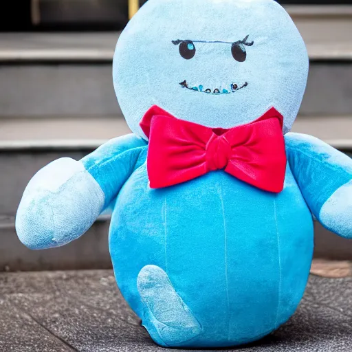 Image similar to blue'snappy gifts'human - sized plush doll, on sidewalk, holding gift, happy atmosphere, high detail, soft lighting, 8 k