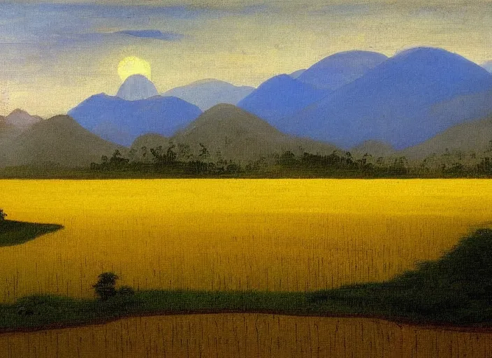 Image similar to painting of a rice paddy with two big mountains in the background, ( a wide asphalt road )!!!! divides paddy field in the middle composition, big yellow sun rising between 2 mountains, oil painting by old master masterpiece