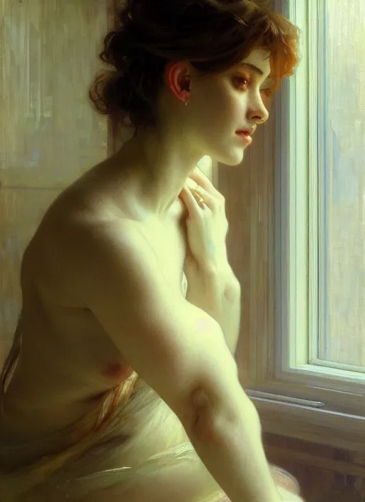 Prompt: a portrait of beautiful woman, inside a modern apartment, detailed oil painting, misty, ethereal, soft lighting, 8 k, by ruan jia and alphonse mucha