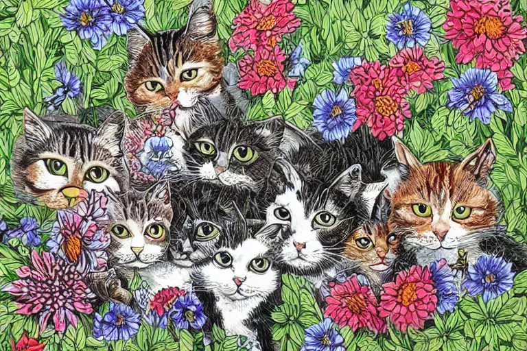 Image similar to detailed intricate ink illustration, a group of cat playing in a garden of flowers, a mix media painting by Sandra Chevrier