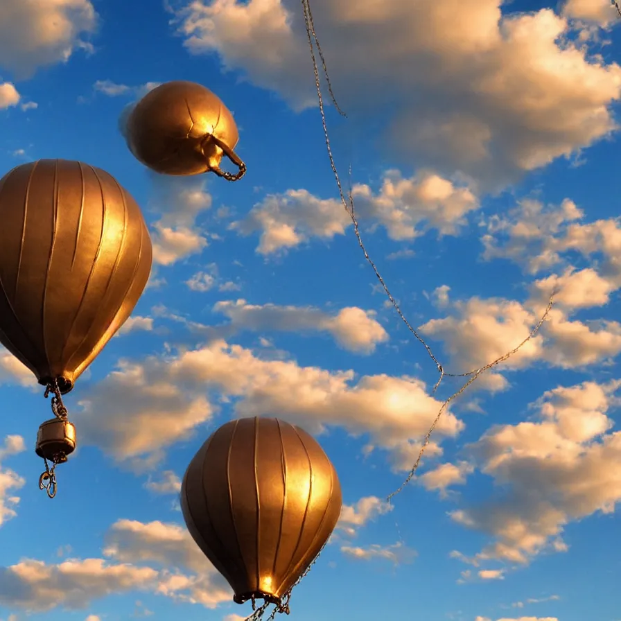 Prompt: beautiful blimps! high in the sky, copper chains hanging from the edges, ( ( steampunk styled ) ), golden hour, steam clouds, clouds, award winning photography, highly detailed, low poly, extremely wide angle