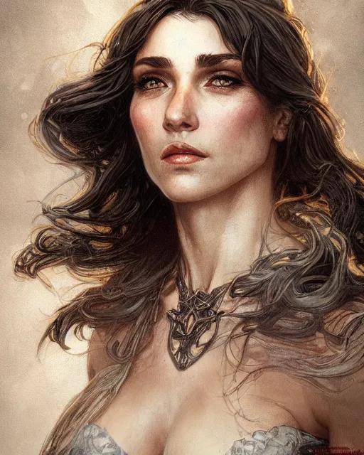 Image similar to close up portrait of a ruggedly handsome female witch, soft hair, half body, leather, d & d, fantasy, intricate, elegant, highly detailed, digital painting, artstation, concept art, smooth, sharp focus, illustration, art by artgerm and greg rutkowski and alphonse mucha