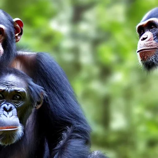 Prompt: chimpanzee looking curiously at a postbiological transhuman cyborg, hd photograph