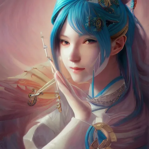 Prompt: portrait of hatsune miku, D&D, fantasy, intricate, elegant, highly detailed, digital painting, artstation, concept art, smooth, sharp focus, illustration, art by artgerm and greg rutkowski and alphonse mucha