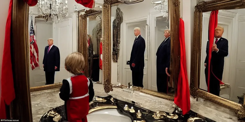 Prompt: ultra wide angle photo of donald trump looking at himself in a bathroom mirror and seeing his reflection dressed as willy wonka and is surrounded by dwarf donald trump like oompa loompas