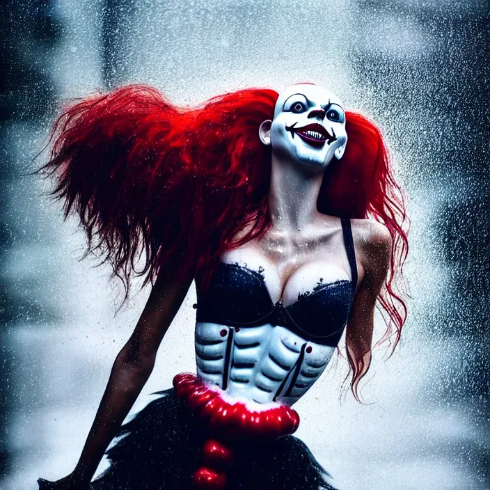 Image similar to fully body pose, photo of a very beautiful!! victoria secret model, pennywise, wet hair, raining, 8 k, hdr, smooth, sharp focus, high resolution, award - winning photo, trending on artstation, dslr, 5 0 mm