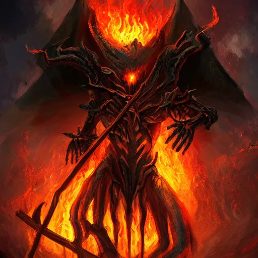 Image similar to a cloaked skeleton demon holding a spear watching a house on fire, firestorm, highly detailed digital art, oil on canvas, trending on Artstation, award-winning