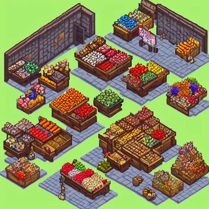 Image similar to isometric pixel art of a small medieval market stall selling fruits