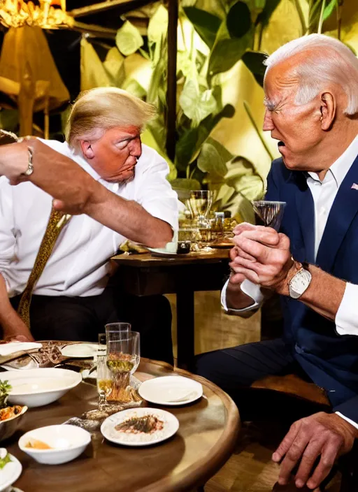 Image similar to Trump and Biden having dinner at a fancy Balinese restaurant, award winning photography, 85mm, perfect faces