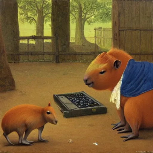 Image similar to a capybara playing video games, oil painting, by randolph caldecott