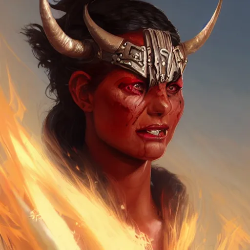 Prompt: portrait of a strong angry female berber tiefling barbarian with red skin, devil horns and black hair in a ponytail wearing a steel chestplate in a desert, fantasy, highly detailed, digital painting, artstation, concept art, character art, art by greg rutkowski and tyler jacobson and alphonse mucha
