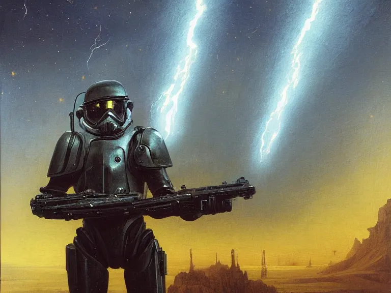 Image similar to a detailed profile oil painting of a lone shock trooper in a space armour with reflective helmet, cinematic sci-fi poster. technology flight suit, bounty hunter portrait symmetrical and science fiction theme with lightning, aurora lighting clouds and stars by beksinski carl spitzweg and tuomas korpi. baroque elements, full-length view. baroque element. intricate artwork by caravaggio. Trending on artstation. 8k