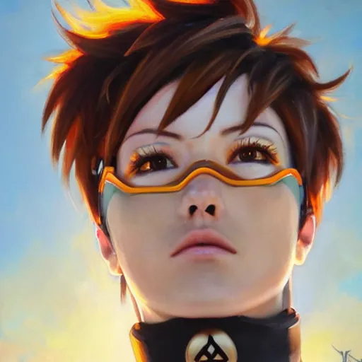 Prompt: oil painting of tracer overwatch in a field wearing o - ring choker around neck, in style of mark arian, expressive face, detailed face, detailed eyes, full body, feminine face, tracer overwatch,