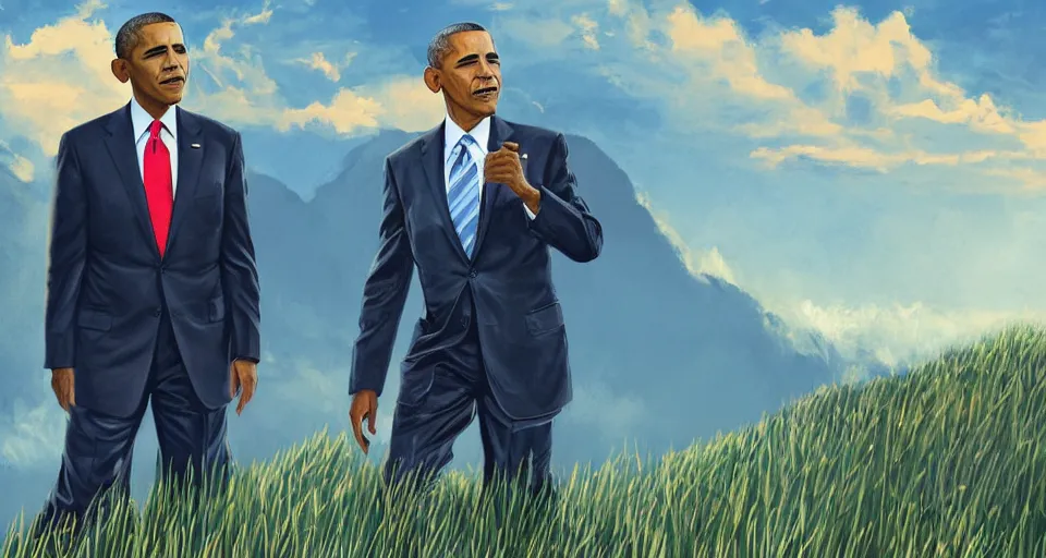 Prompt: a painting of Obama and Joe biden on a hill, a screenshot by Zack Snyder, behance contest winner, afrofuturism, concert poster, behance hd, movie poster,