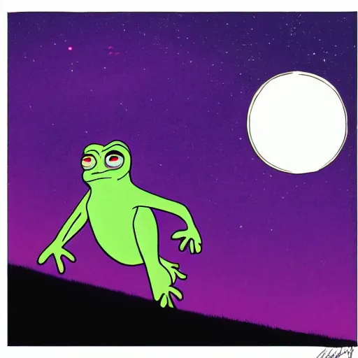 Prompt: ufo abducting pepe the frog from pasture, summer night by patrick nagel.