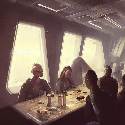 Image similar to concept art by greg rutkowski, a very tall, and slender woman with blond hair, sitting with the crew in the ship's dining room, brutalist futuristic interior, dark lighting atmosphere, detailed portraits, nostalgic atmosphere, scifi, digital painting, artstation, concept art, smooth, sharp foccus ilustration, artstation hq