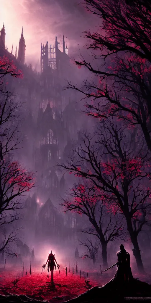 Prompt: abandoned bloodborne old valley with a obscure person at the centre and a ruined gothic city in the background, trees and stars in the background, falling red petals, epic red - orange moonlight, perfect lightning, wallpaper illustration by niko delort and kentaro miura, 1 6 k, ultra realistic