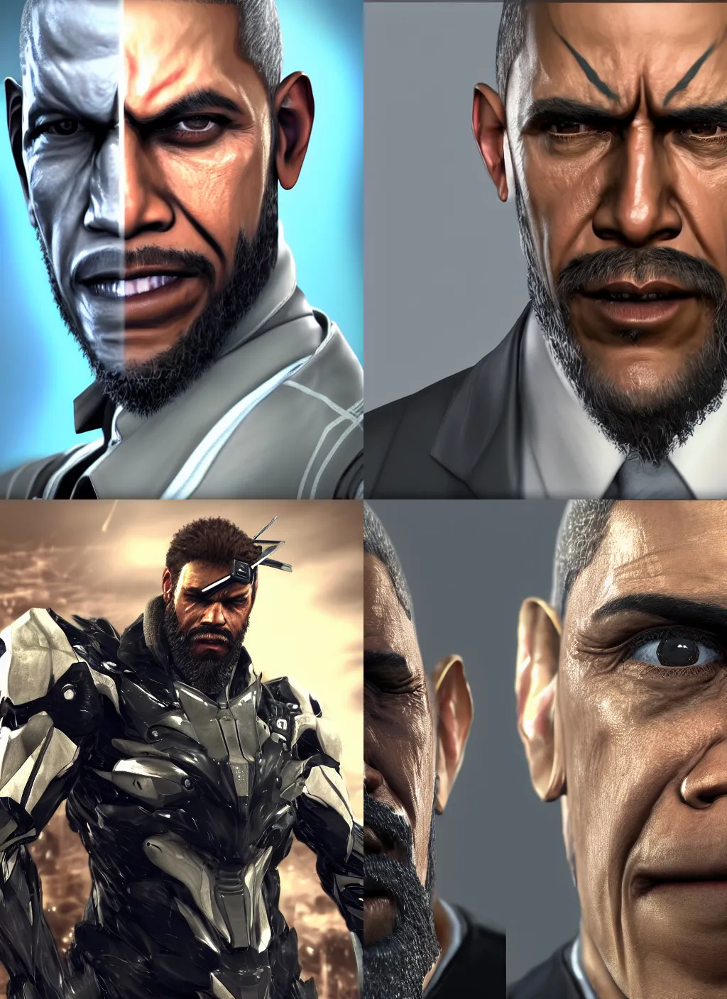 Prompt: bearded barack obama in metal gear rising revengeance, metal gear rising, metal gear, barack obama, octane render, 8 k, realistic face, ray tracing, ps 5, subsurface scattering, realistically proportioned head, realistically proportioned face, ambient occlusion