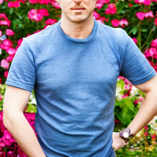 Prompt: photographic portrait of a polish man, 37 years old, short blonde hair in loose curls, small blue eyes, very pale white skin, medium blond stubble, wearing a maroon tight t-shirt and blue jeans, an earring on left ear, thin lips, smirking, posing in a garden, under bright sunlight