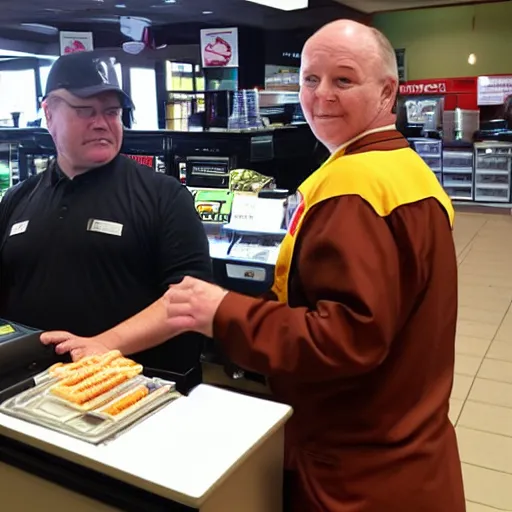 Prompt: senator steven armstrong from revengeance working as a mcdonald's cashier