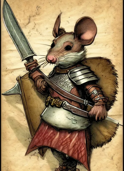 Image similar to a heroic mouse knight with sword and shield on a parchment background, redwall, jean baptiste monge, detailed, epic fantasy concept art