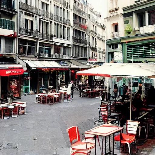 Prompt: une rue de paris vide avec des voitures garees, un restaurant avec une terrasse, des boutiques avec des neons, en debut de matinee en 1 9 9 5