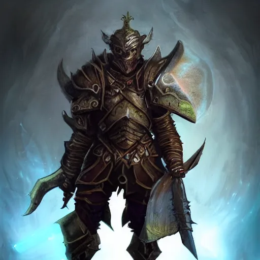 Image similar to fantasy magic warrior, dungeons and dragons, heavily armored, magical aura, hyper realistic, 8k, weapon and shield, glowing eyes, elf orc hybrid