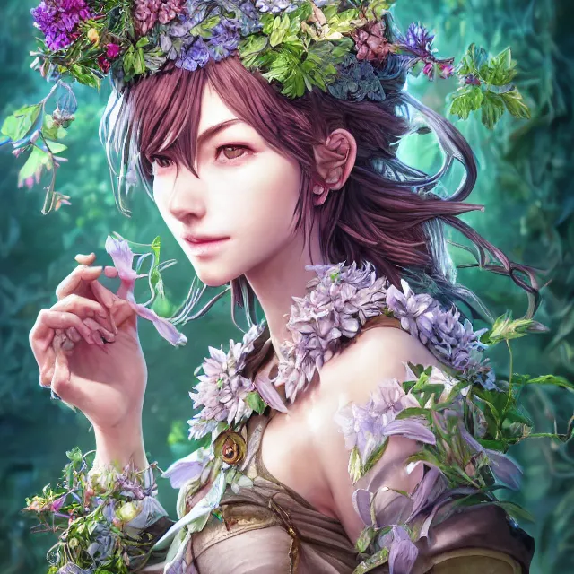 Image similar to the portrait of chaotic good female druid botanist as absurdly beautiful, gorgeous, elegant, young gravure idol, an ultrafine hyperdetailed illustration by kim jung gi, irakli nadar, intricate linework, bright colors, octopath traveler, final fantasy, unreal engine 5 highly rendered, global illumination, radiant light, detailed and intricate environment