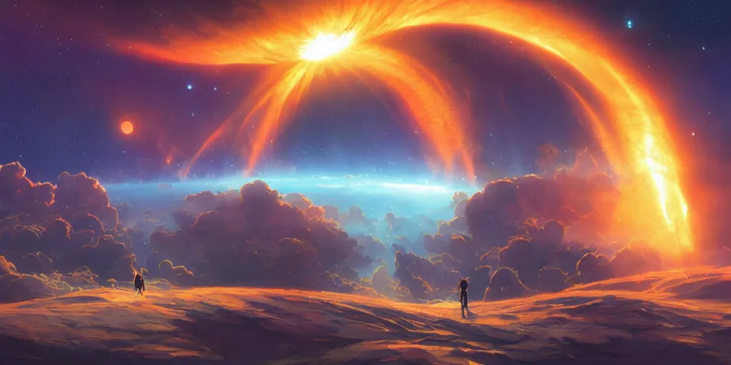 Image similar to inside a solar flare storm within the sun looking at the planet earth, unreal engine, fantasy art by greg, loish, rhads, ferdinand knab, tom bagshaw, makoto shinkai and lois van baarle, rossdraws, ilya kuvshinov, night lighting, trending on studio ghibli, highly detailed, 8 k, octane render