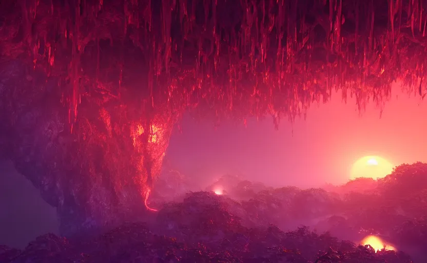 Image similar to a beautiful and stunning digital render of a humongous ruby cave, dimly glowing crystals, vines, haze, waterfall, volumetric lighting, photorealistic, red sky, sunset, unreal engine 5, ultra detail, trending on artstation