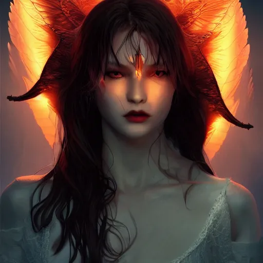 Prompt: young vampire princess with burning wings 4 k high definition gorgeous dramatic lighting artstation trending path traced contrast light and dark cinematic breathtaking by christensen, james c., moebius and noriyoshi ohrai