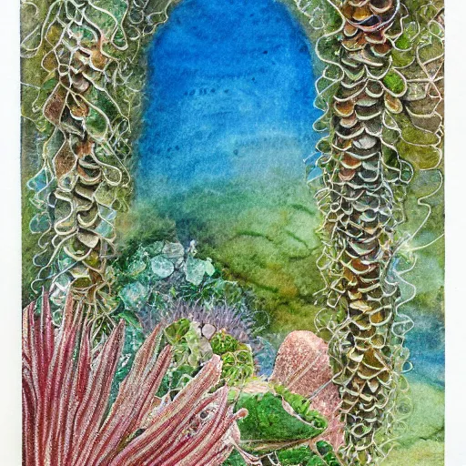 Prompt: delicate coast sea garden on paper, spirals, stony, puffy, vines, botanical herbarium, botanic watercolors, iridescent, 8 k wide angle, realistic shaded, fine details, artstation, italian, rainbow, colonnade, oak, pinecone, pomegranade, vines, gardena architecture, pompeian, sicilian