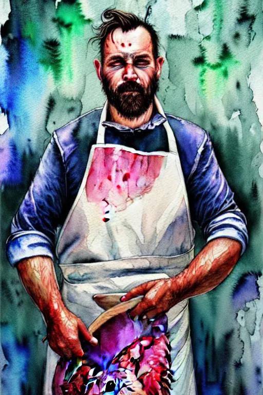 Image similar to watercolor portrait of a butcher with a white apron, raining, romantisism, outrun, pastel colors, painting, dramatic, detailed, by android jones