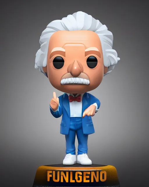 Image similar to full body 3 d render of albert einstein as a funko pop!, four, studio lighting, white background, single body, no shadow, blender, trending on artstation, 8 k, highly detailed