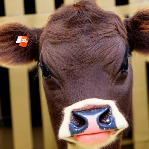 Image similar to mugshot of a cute calf with big eyes dressed as an inmate inside a jailcell