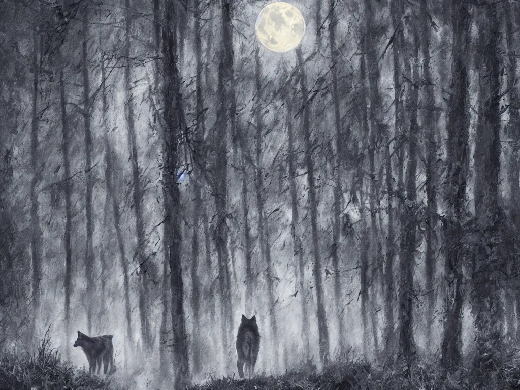 Image similar to portrait of a large wolf walking on a dark path through the forest at night under a full moon, 8 k, photorealistic, digital painting,