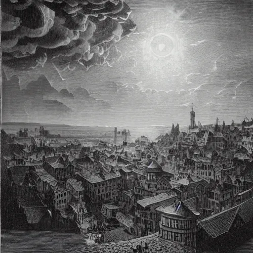 Image similar to medieval town floating in the sky, gustave dore engraving